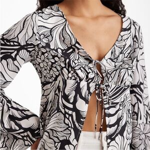 Express Monochrome Floral Tie-Front Blouse